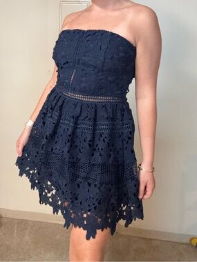 Romeo + Juliet Couture Strapless Navy Lace A-Line Dress with Small Cutouts